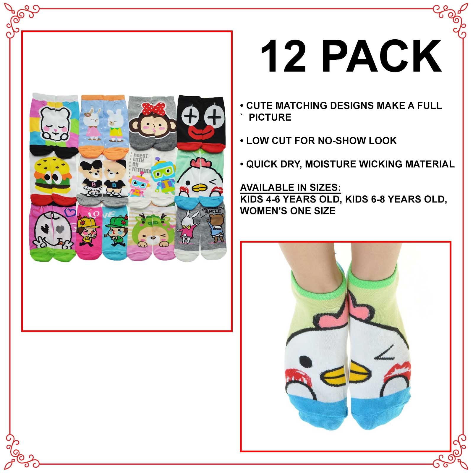 Angelina Low Cut Socks with Matching Friend or Buddy Set Design (12-Pairs) - Image 3