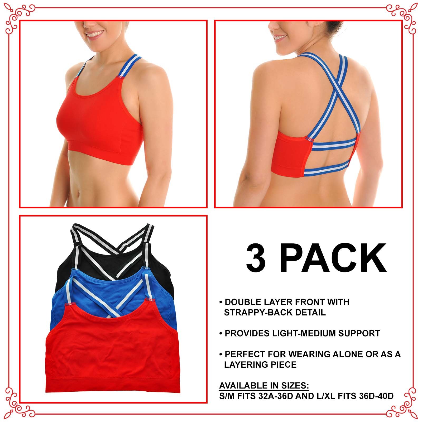 Angelina Women's Seamless Strappy-Back Sports Bras S-XL (3-Pack) - Image 6